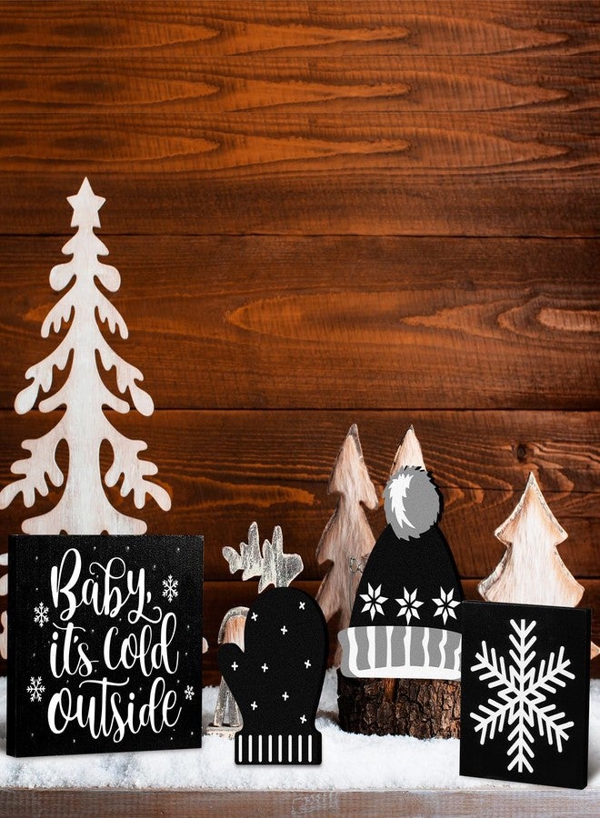 GlikCeil 5 Pcs Winter Table Decor Snowflake Baby Its Cold Outside Wooden Signs Gloves Hat Table Top Blocks Rustic Tiered Tray Decor Centerpieces Black White Winter Decor for Home Office Desk - Image 5