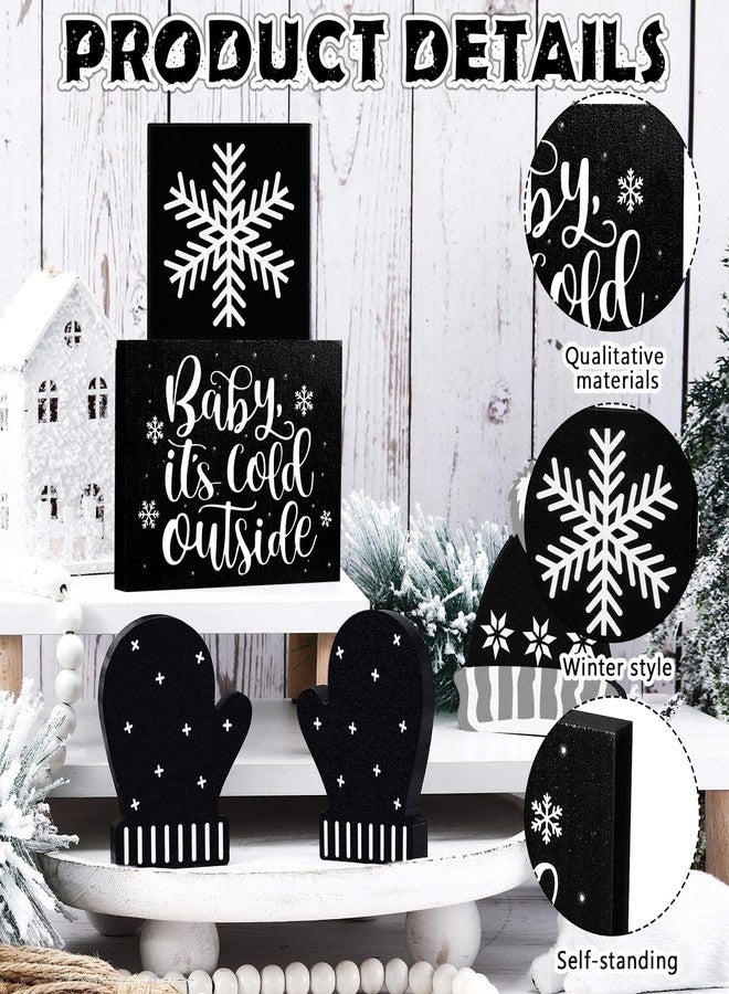 GlikCeil 5 Pcs Winter Table Decor Snowflake Baby Its Cold Outside Wooden Signs Gloves Hat Table Top Blocks Rustic Tiered Tray Decor Centerpieces Black White Winter Decor for Home Office Desk - Image 3