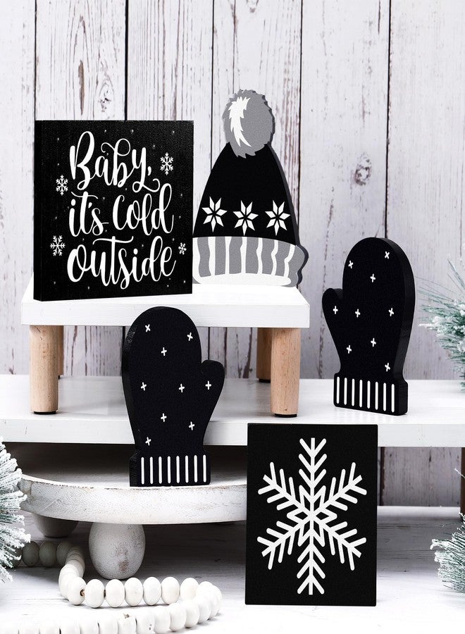 GlikCeil 5 Pcs Winter Table Decor Snowflake Baby Its Cold Outside Wooden Signs Gloves Hat Table Top Blocks Rustic Tiered Tray Decor Centerpieces Black White Winter Decor for Home Office Desk - Image 1