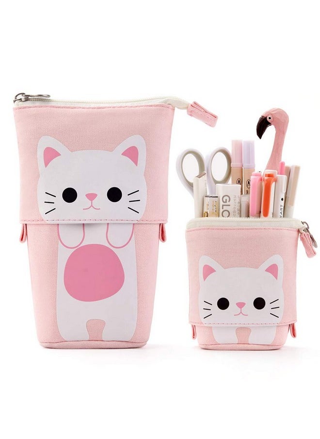 EASTHILL - Cartoon Cute Cat Pencil Pouch Canvas Pen Bag Standing Stationery Case Holder Box Student (Pink) - Image 1