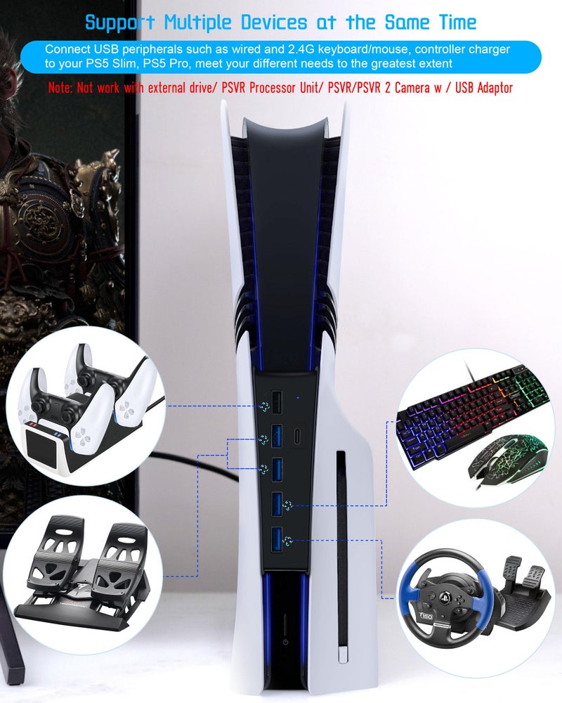 Joso 6 Ports USB Hub for PS5 Pro/Slim, USB Port Expander for PS5 with 4 USB-A + 1 Charging Port + 1 Type C 3.1, Compatible with PlayStation 5 Slim & Pro Accessories - Black - Image 4