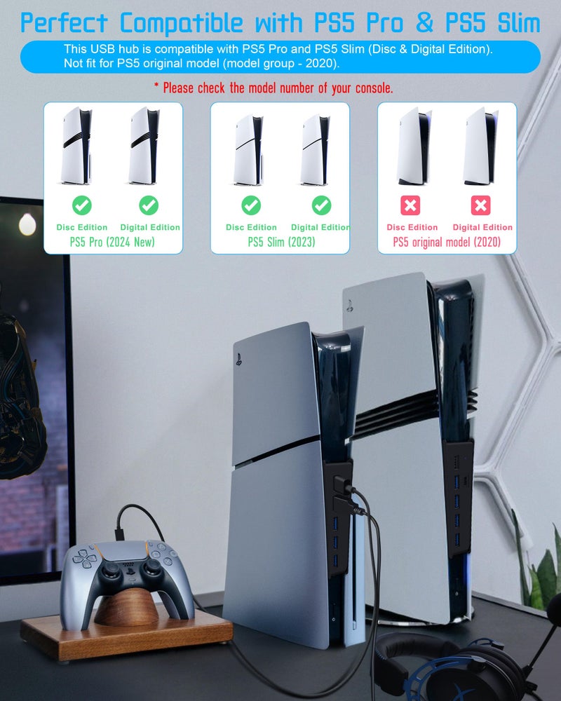Joso 6 Ports USB Hub for PS5 Pro/Slim, USB Port Expander for PS5 with 4 USB-A + 1 Charging Port + 1 Type C 3.1, Compatible with PlayStation 5 Slim & Pro Accessories - Black - Image 3