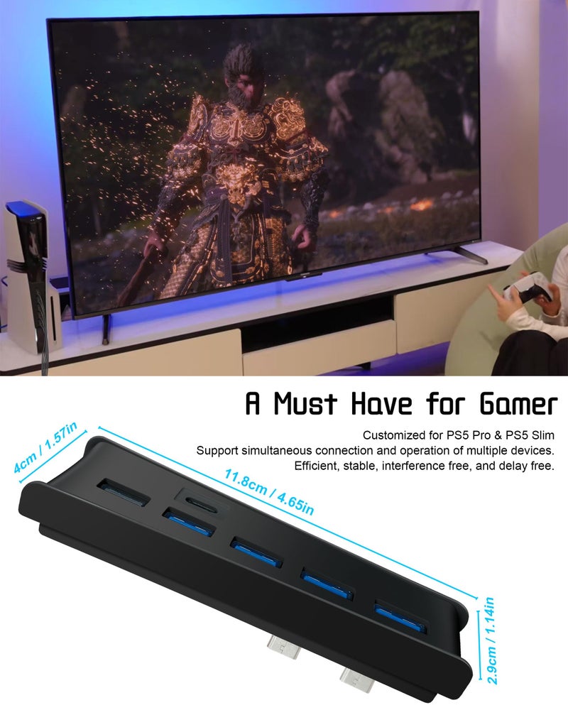 Joso 6 Ports USB Hub for PS5 Pro/Slim, USB Port Expander for PS5 with 4 USB-A + 1 Charging Port + 1 Type C 3.1, Compatible with PlayStation 5 Slim & Pro Accessories - Black - Image 5