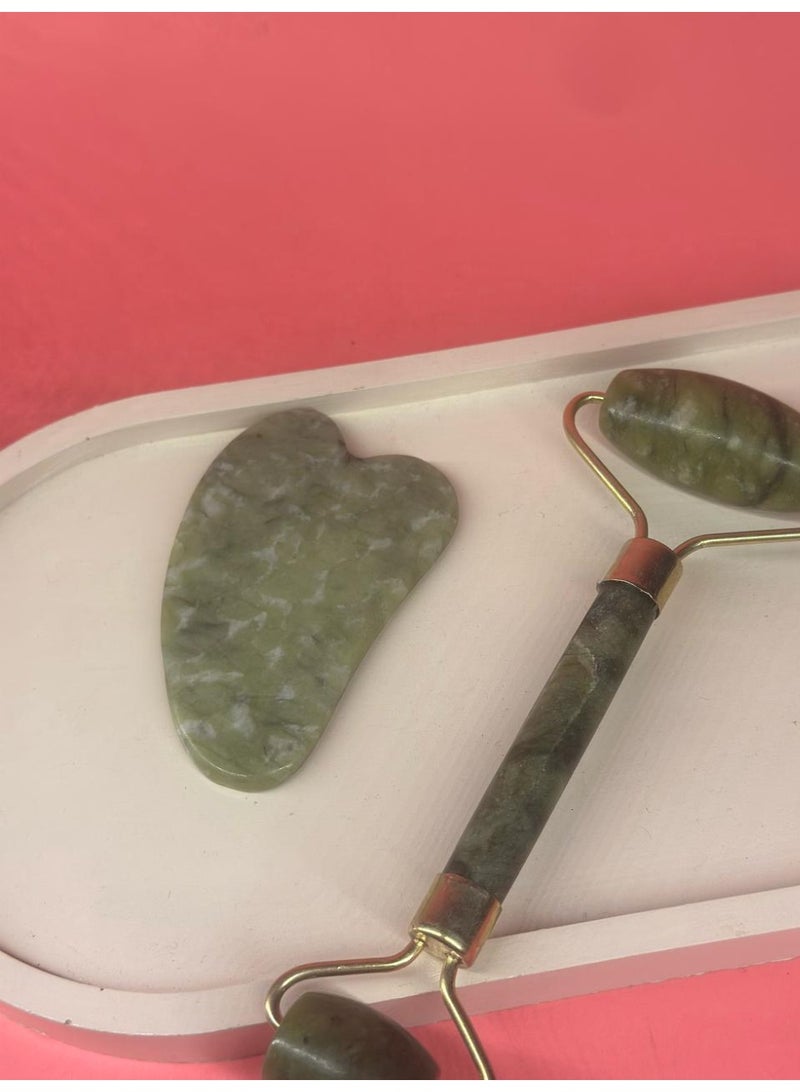 مجموعة أسطوانة رفع الوجه الطبيعية من اليشم وأدوات تدليك غوا شا - Image 1