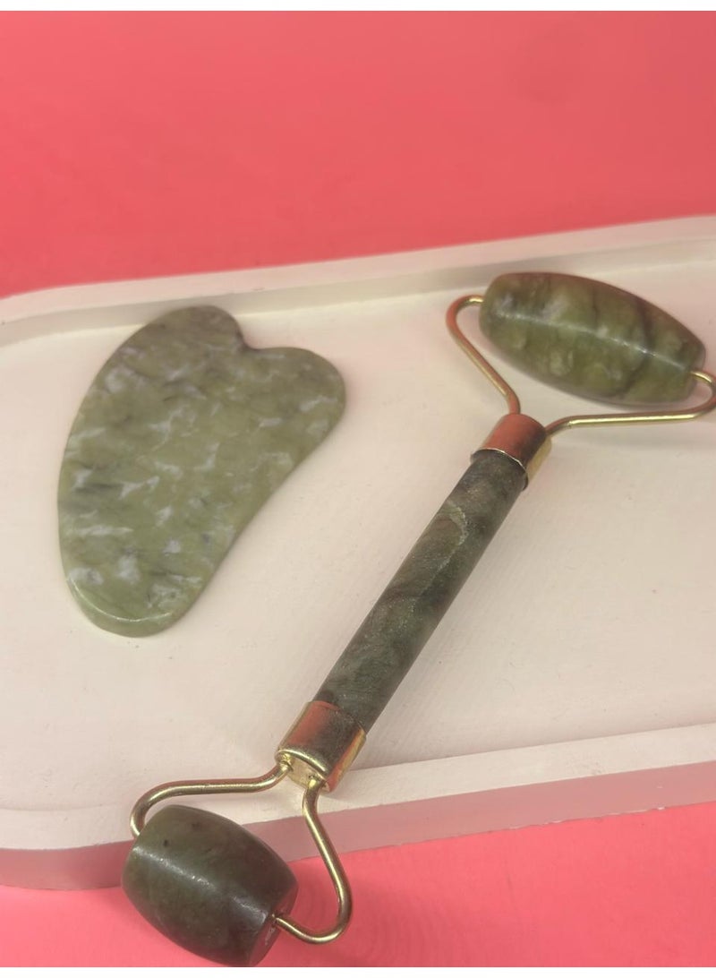 مجموعة أسطوانة رفع الوجه الطبيعية من اليشم وأدوات تدليك غوا شا - Image 2