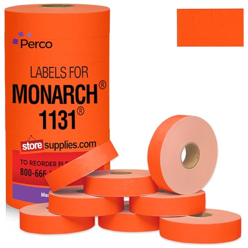 Perco Fluorescent Red Pricing Labels for Monarch 1131 Price Gun - 1 Sleeve, 8 Rolls, 20,000 Price Marking Labels - with Ink Roll Included - Image 1