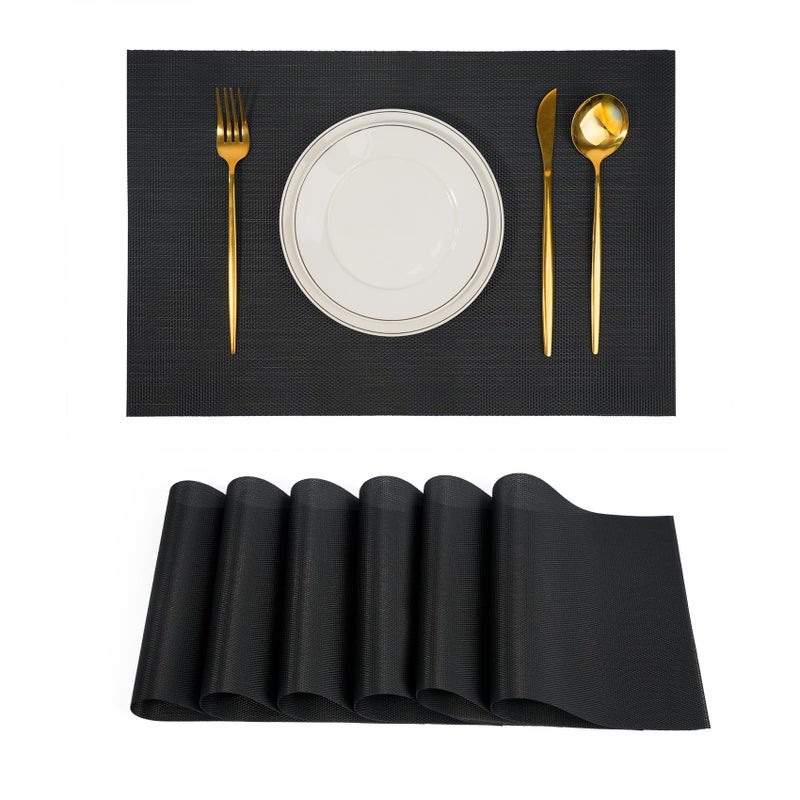 flohar Placemats Set of 6ï¼ŒNon-Slip PVC Weave Table Mats Easy to Cleanï¼ŒHeat Resistant Place Mats for Kitchen Dining Table Decoration Indoor Outdoorï¼ŒBlack - Image 1