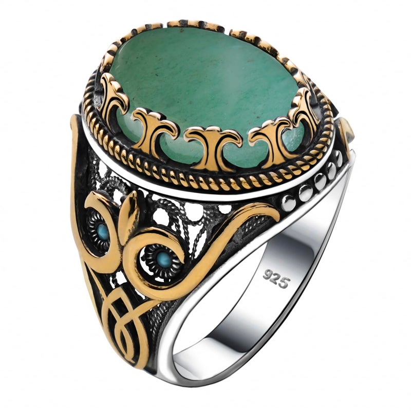 Alpha Rock Natural Green Aventurine Stone, Genuine Solid 925 Sterling Silver Accented with Bronze, Authentic Vintage Turkish Ottoman Style Ring for Men (Natural Green Aventurine, 6) - Image 5