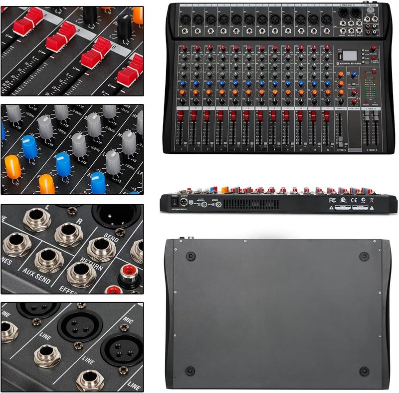 DIGIMORE Professional 12 Channel Mixer | 8 XLR + 6.35MM Input Ports | USB MP3 & BT Support | 48V Phantom Power | Delay & Repeat FX | Stereo Output | Control Room, Headphone, Aux, EFF Outs (D-285) - Image 5