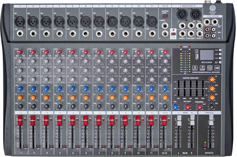 DIGIMORE Professional 12 Channel Mixer | 8 XLR + 6.35MM Input Ports | USB MP3 & BT Support | 48V Phantom Power | Delay & Repeat FX | Stereo Output | Control Room, Headphone, Aux, EFF Outs (D-285) - Image 1