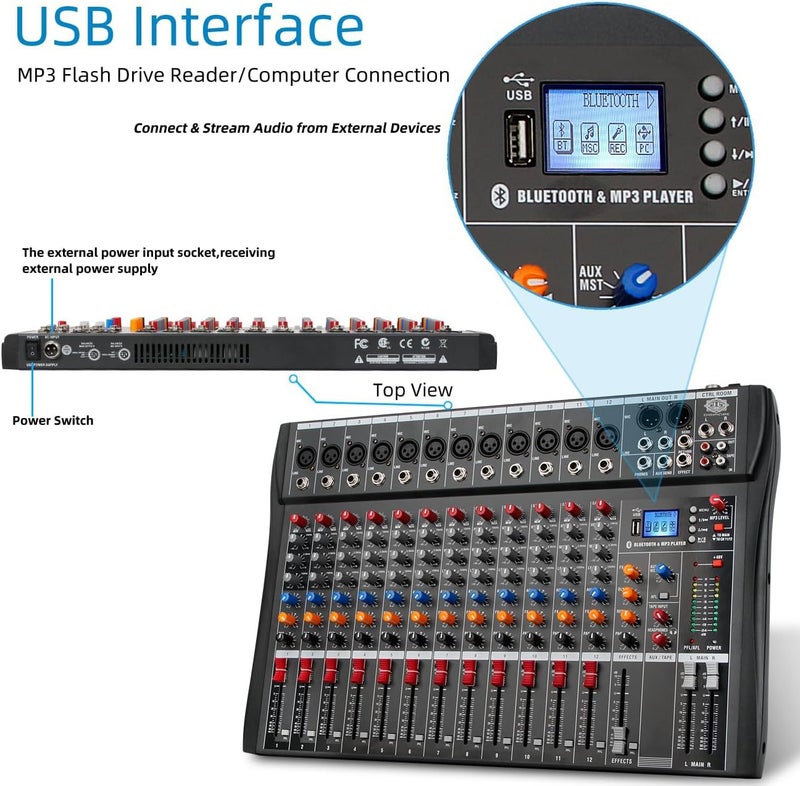 DIGIMORE Professional 12 Channel Mixer | 8 XLR + 6.35MM Input Ports | USB MP3 & BT Support | 48V Phantom Power | Delay & Repeat FX | Stereo Output | Control Room, Headphone, Aux, EFF Outs (D-285) - Image 2
