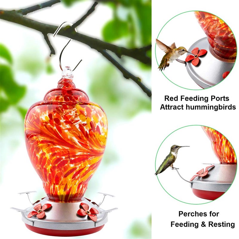 WOSIBO Hummingbird Feeder for Outdoors Patio Large 32 Ounces Colorful Hand Blown Glass Hummingbird Feeder with Ant Moat Hanging Hook, Rope, Brush and Service Card (RED) - Image 2