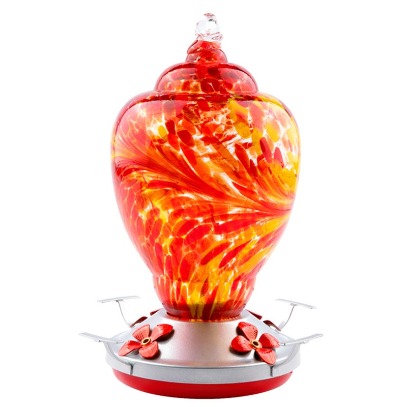 WOSIBO Hummingbird Feeder for Outdoors Patio Large 32 Ounces Colorful Hand Blown Glass Hummingbird Feeder with Ant Moat Hanging Hook, Rope, Brush and Service Card (RED) - Image 1