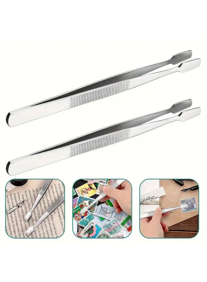 2 Pcs Silvery Precision Metal Stamp Tweezers Wide Tip Ergonomic Grip Durable Collecting Tool - Image 2