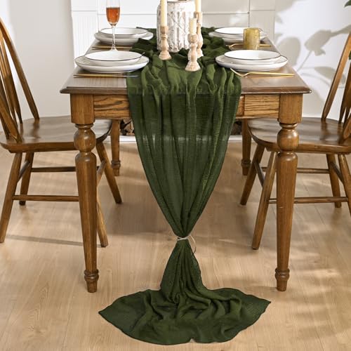 Artoid Mode Boho Cheesecloth Gauze Olive Green Wedding Table Runner 120 Inch Seasonal Fabric Kitchen Dining Holiday Table Decor for Home Party Indoor - Image 3