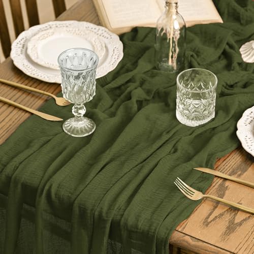 Artoid Mode Boho Cheesecloth Gauze Olive Green Wedding Table Runner 120 Inch Seasonal Fabric Kitchen Dining Holiday Table Decor for Home Party Indoor - Image 1
