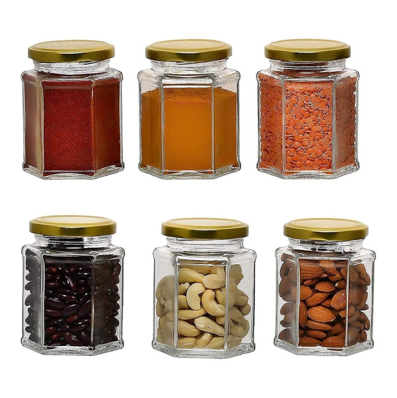 BLISSBORN Hexagon Glass Jar and Container with Golden lid 250 ml with Rust Proof Air Tight LidSuitable to use in Your Home Office Kitchen StorageGlass Jars Set pack of 6 - Image 1