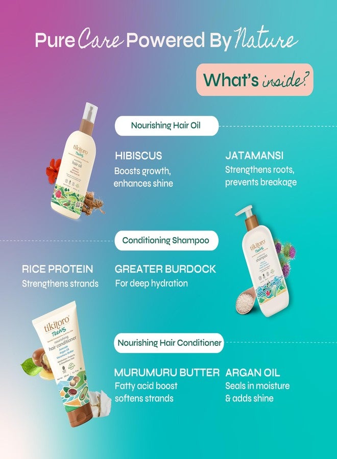 Tikitoro Teens Complete Hair Combo | Nourishing Oil, Shampoo & Conditioner Set | Promotes Hair Growth, Strengthens Hair & Control Frizz | No Parabens & Sulphates (Age 11+) (300ml x 1 & 150ml x 2) - Image 4