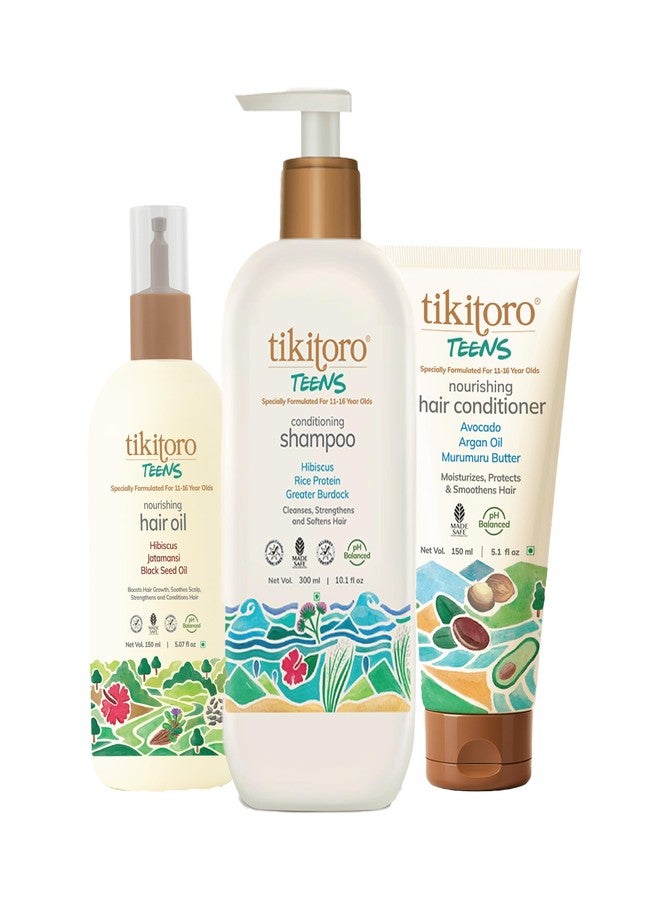 Tikitoro Teens Complete Hair Combo | Nourishing Oil, Shampoo & Conditioner Set | Promotes Hair Growth, Strengthens Hair & Control Frizz | No Parabens & Sulphates (Age 11+) (300ml x 1 & 150ml x 2) - Image 1