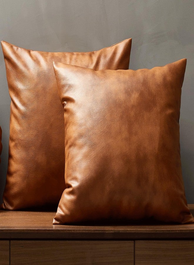 EUCIOR Faux Leather Throw Pillow Covers 22X22 Set of 2,Luxury Cognac Brown Modern Pillowcases Solid Decorative Square Cushion Cases for Room Couch Living Bedroom Bed Sofa - Image 1