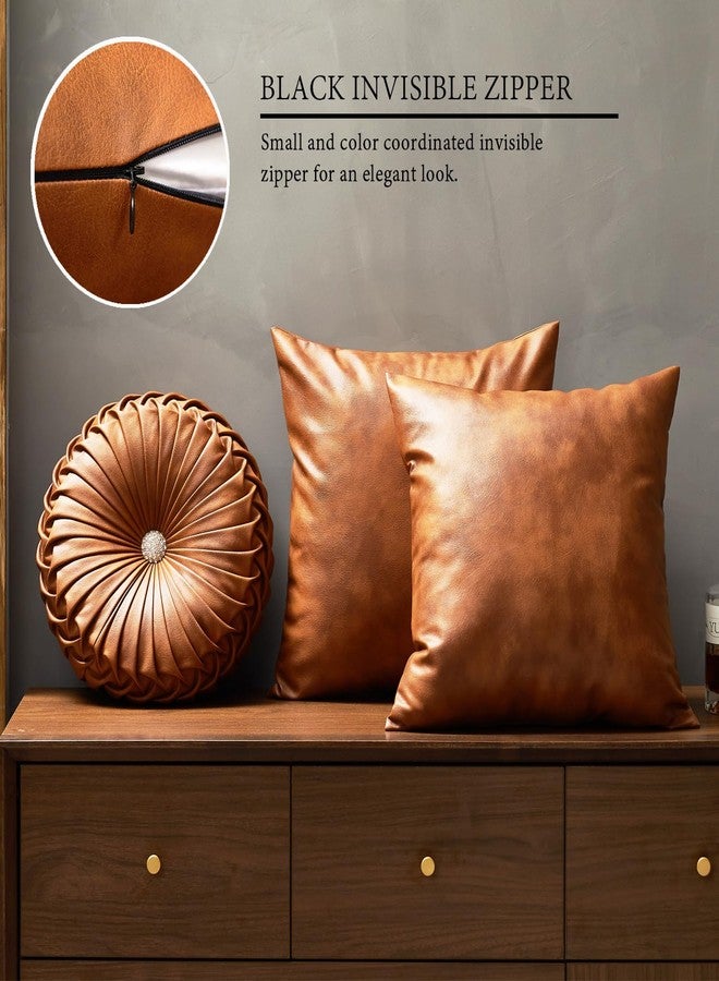 EUCIOR Faux Leather Throw Pillow Covers 22X22 Set of 2,Luxury Cognac Brown Modern Pillowcases Solid Decorative Square Cushion Cases for Room Couch Living Bedroom Bed Sofa - Image 3