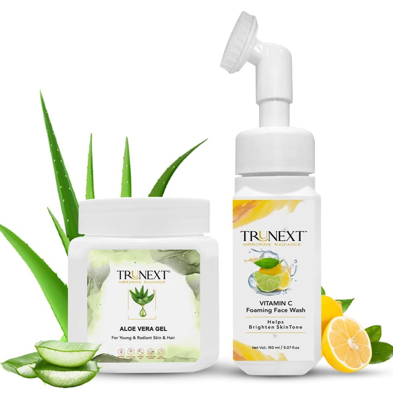 TRUNEXT Vitamin c Foaming Facewash For Oily Skin Women Skin Care 150 ML, Natural Aloe Vera Gel Face Moisturizer For Oily Skin- 200 ML Oil Control Facewash & Gel (Combo pack Of 2) - Image 1