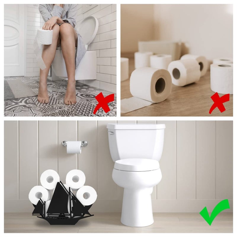 Teaeeno TeaeNoo Sailbat Ealder Toilder Paper Storage Storage Storage Storage Paper Mostulers للحمام القائم بذاته للحيوانات المعدنية حامل ورق المرحاض ديكور المنزل منظم المرحاض الأسود الأسود عقد 8 لفائف - Image 2