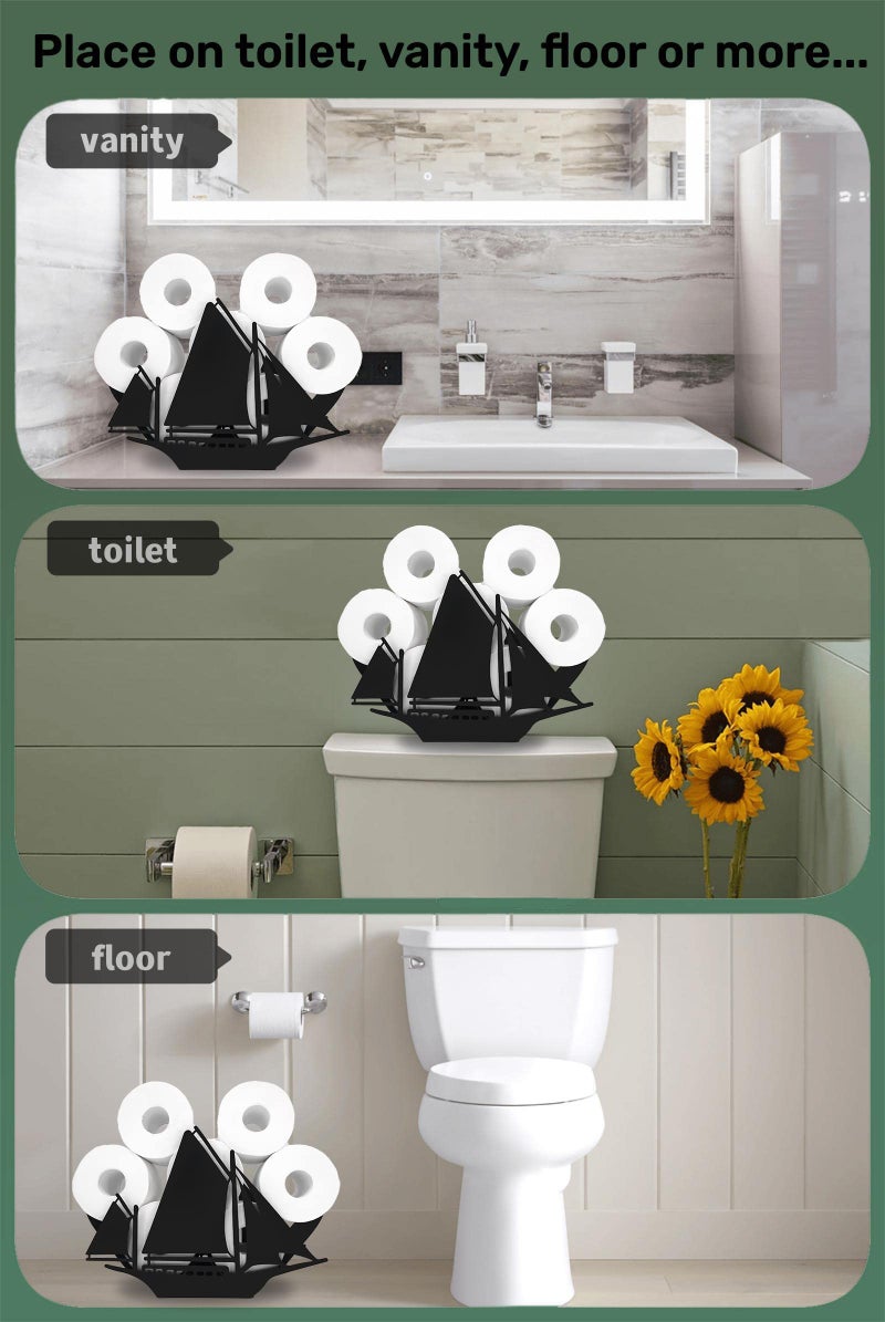 Teaeeno TeaeNoo Sailbat Ealder Toilder Paper Storage Storage Storage Storage Paper Mostulers للحمام القائم بذاته للحيوانات المعدنية حامل ورق المرحاض ديكور المنزل منظم المرحاض الأسود الأسود عقد 8 لفائف - Image 4