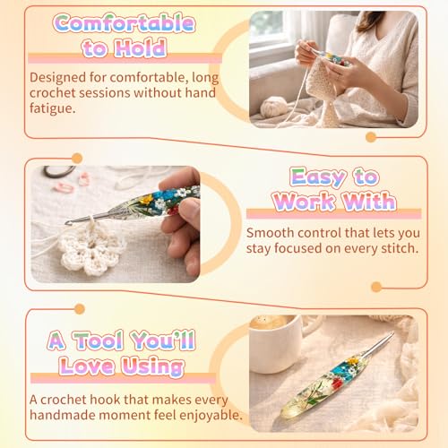 Reessy 5.0mm Crochet Hook with Floral Resin Handle – Ergonomic Grip & Hand-Polished Stainless Steel Tip – Smooth Glide Crochet Hook for Beginners, Arthritic Hands & Gifts (H-5.0mm) - Image 5