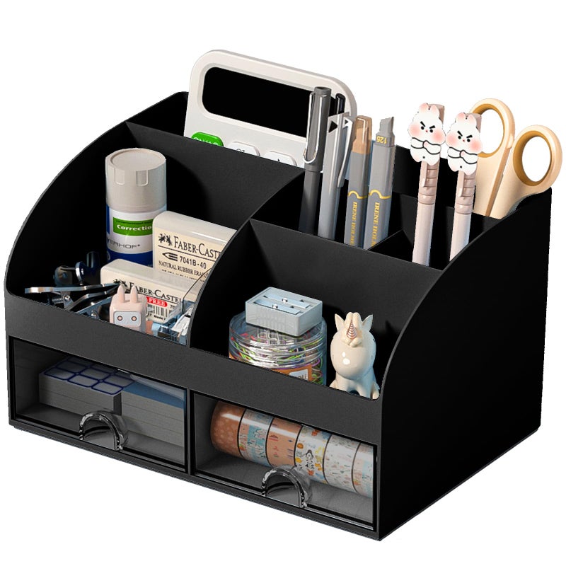 COMFYROOM Desk Organizer with 6 Compartments and 2 Drawers, Plastic Makeup Organizer, Pen Holder for Desktop Storage, Desk Organization for School, Home, Office Supplies (Black) - Image 1