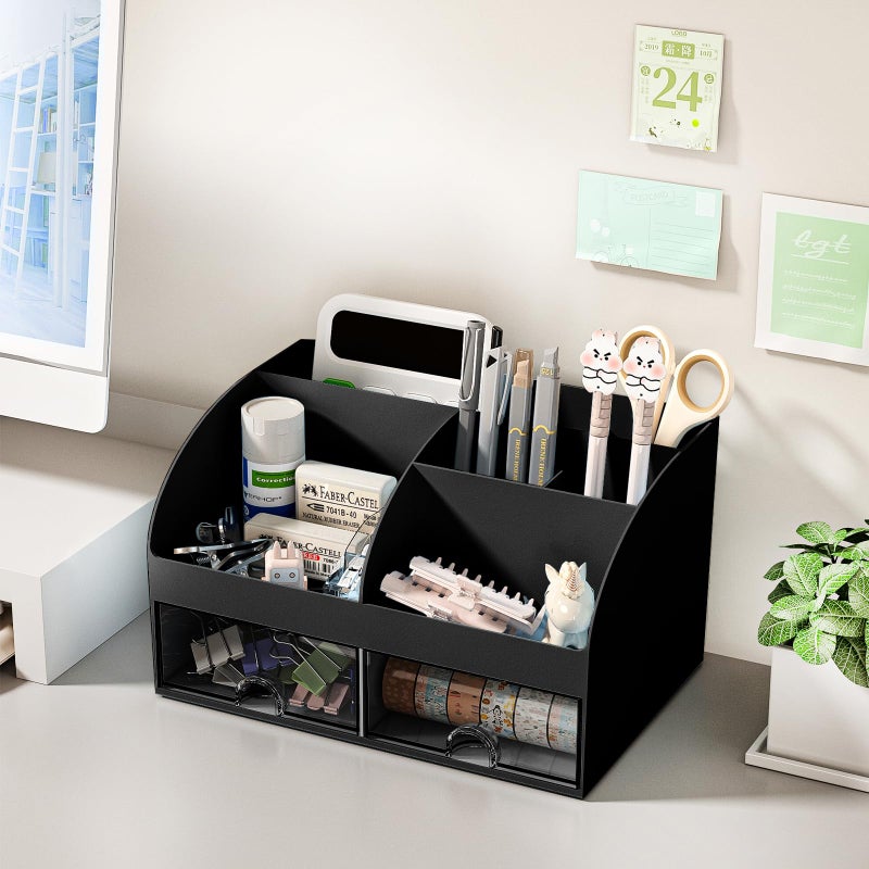 COMFYROOM Desk Organizer with 6 Compartments and 2 Drawers, Plastic Makeup Organizer, Pen Holder for Desktop Storage, Desk Organization for School, Home, Office Supplies (Black) - Image 4