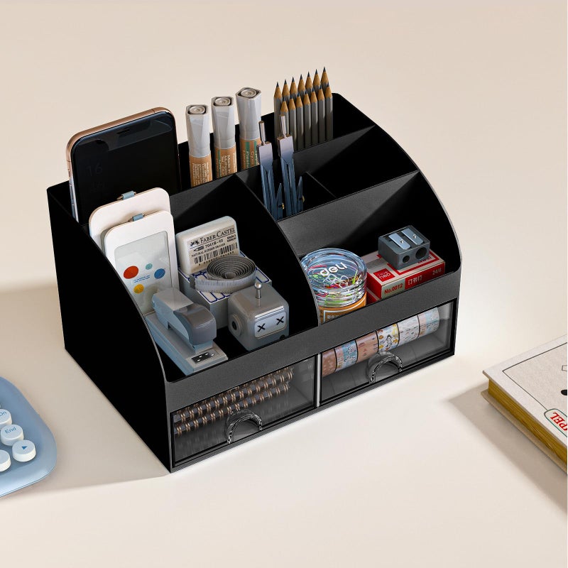 COMFYROOM Desk Organizer with 6 Compartments and 2 Drawers, Plastic Makeup Organizer, Pen Holder for Desktop Storage, Desk Organization for School, Home, Office Supplies (Black) - Image 3