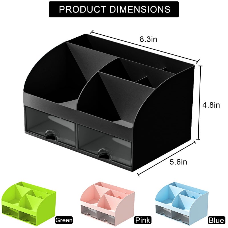 COMFYROOM Desk Organizer with 6 Compartments and 2 Drawers, Plastic Makeup Organizer, Pen Holder for Desktop Storage, Desk Organization for School, Home, Office Supplies (Black) - Image 2
