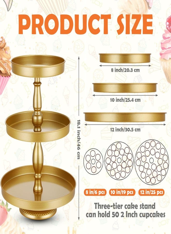 Maxdot 2 Pcs 3 Tier Cupcake Stand Holder, Round Cupcake Stand Serving Tray, Metal Tiered Tray Pastry Dessert Cake Tower Display Stand for Baby Shower Tea Party, Wedding and Birthday (Gold) - Image 2