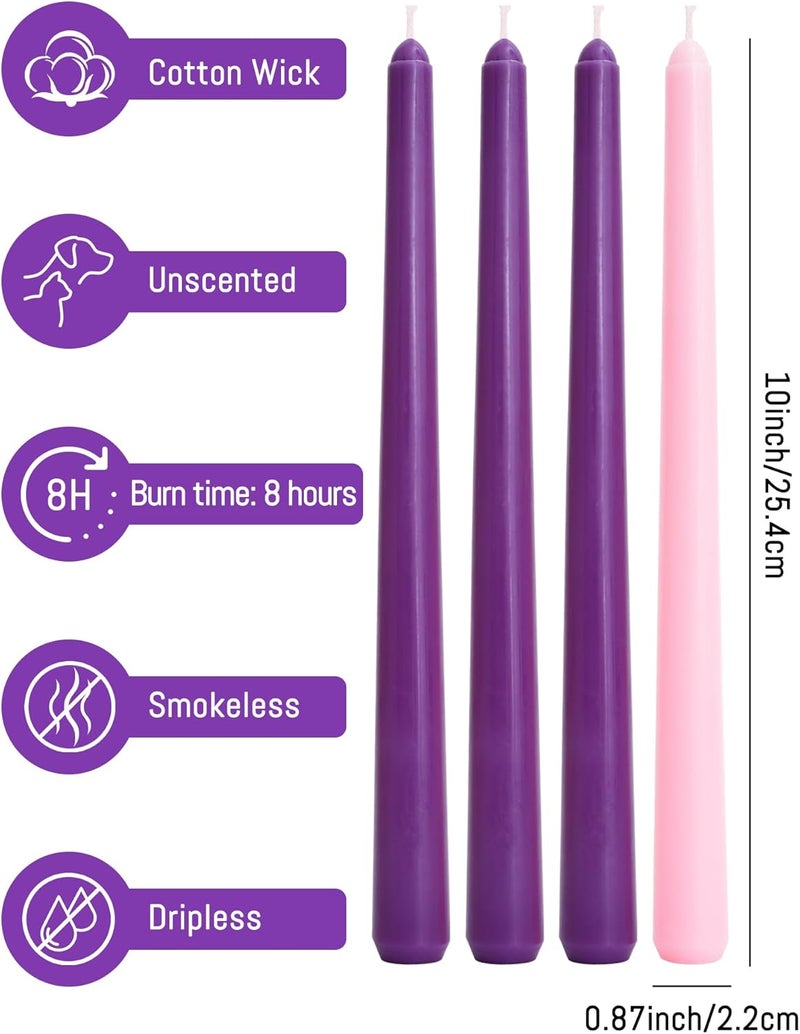 Viyffo Advent Taper Candles 10 Inch Purple and Pink Set of 4 Unscented, Dripless, Smokeless Tapered Candlesticks for Church and Celebrations - Image 3