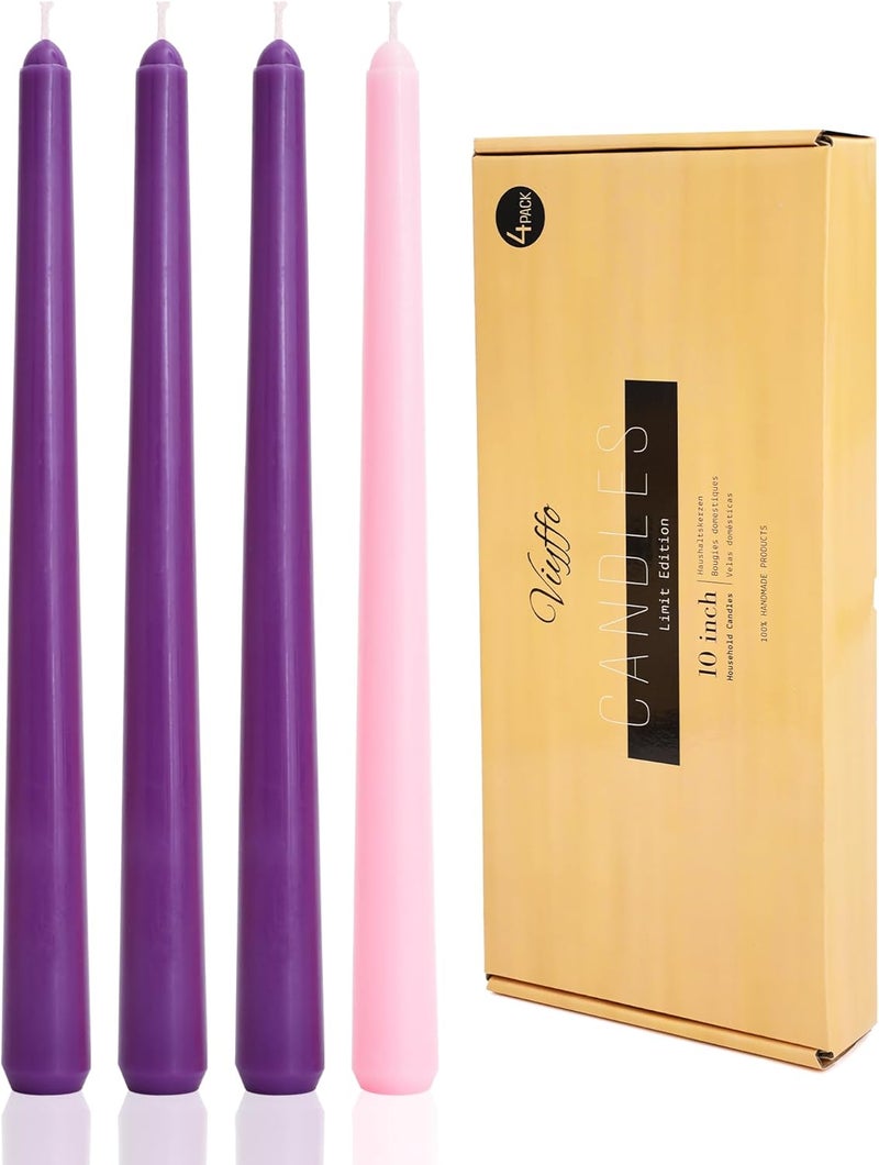 Viyffo Advent Taper Candles 10 Inch Purple and Pink Set of 4 Unscented, Dripless, Smokeless Tapered Candlesticks for Church and Celebrations - Image 1