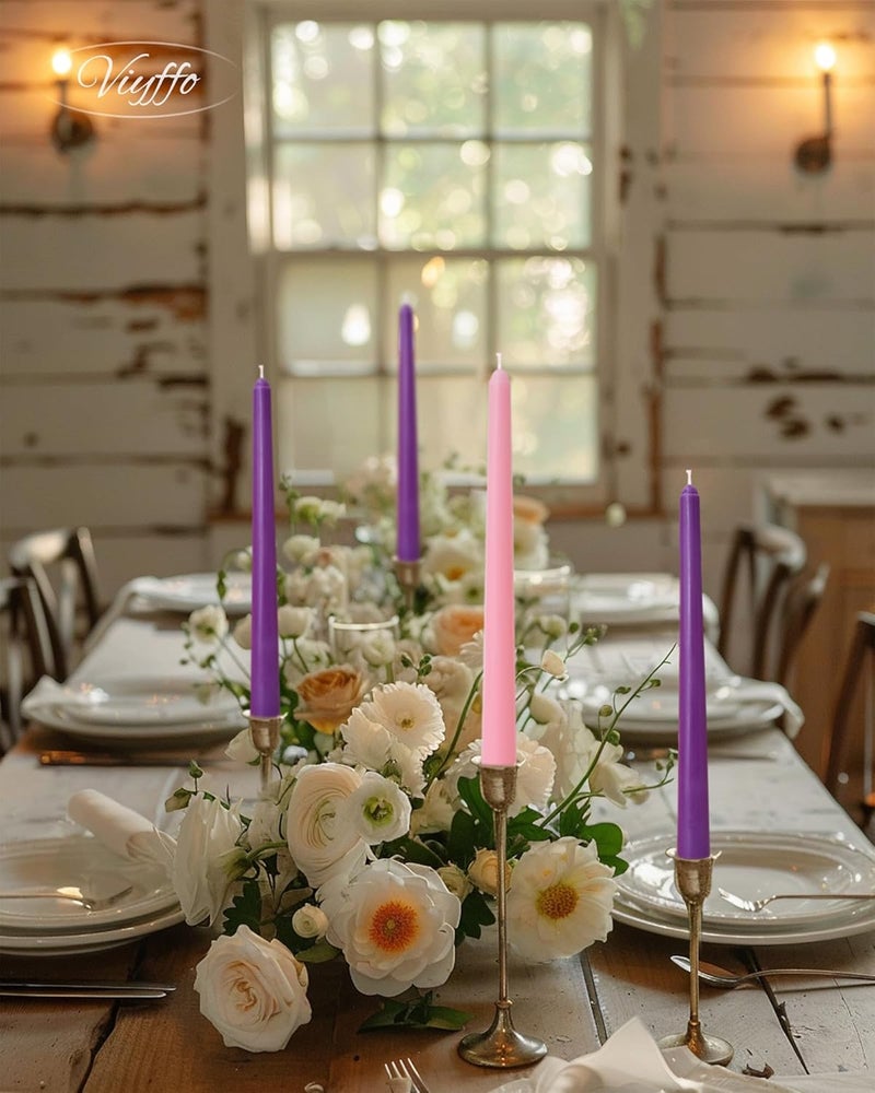 Viyffo Advent Taper Candles 10 Inch Purple and Pink Set of 4 Unscented, Dripless, Smokeless Tapered Candlesticks for Church and Celebrations - Image 2