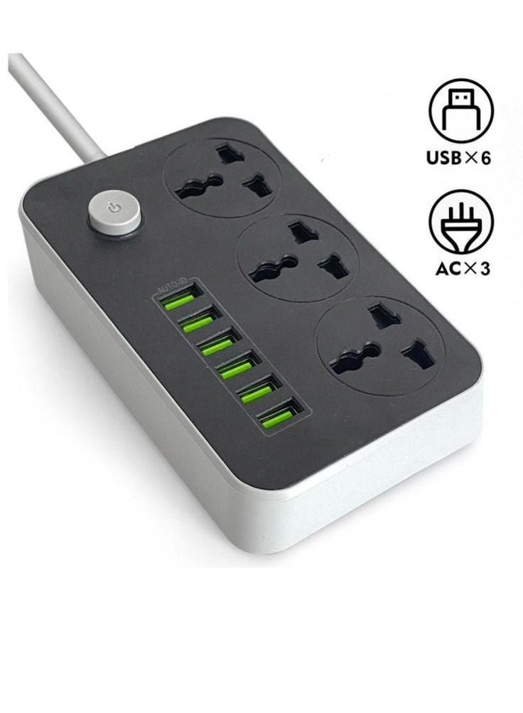 سلك تمديد أسلاك توصيل الكهرباء 3 منافذ مقبس شحن مع 6 منافذ USB مقبس شحن عالمي 2 متر سلك تمديد جريء
