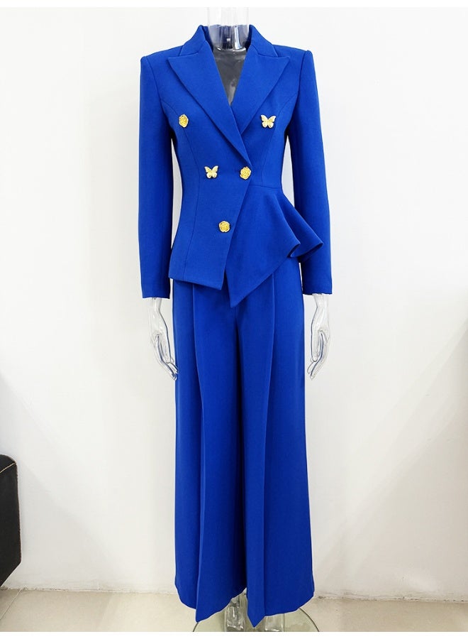 Madam Uniq Elegant Lady Style Rose Button Butterfly Decor Irregular Suit Pants Two-Piece Set - Image 2