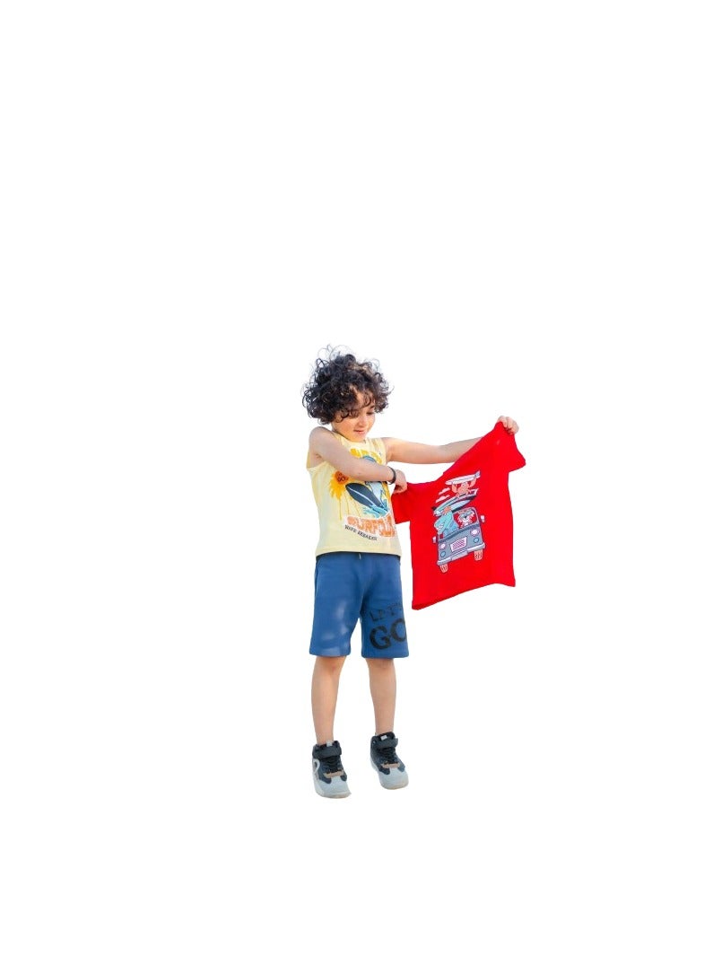 Sons kit 3 pieces yellow t -shirt, red spread and blue shorts  - Image 1