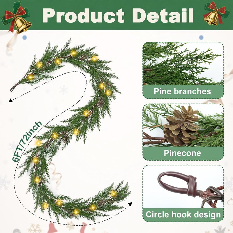 Artgar Christmas Cedar Garland, 6 Ft Realistic Pine Garland, Prelit Christmas Garland with 30 Warm Lights with 8 Light Modes for Mantels Stair Table Indoor Outdoor Winter Xmas Decor (Green) - Image 2