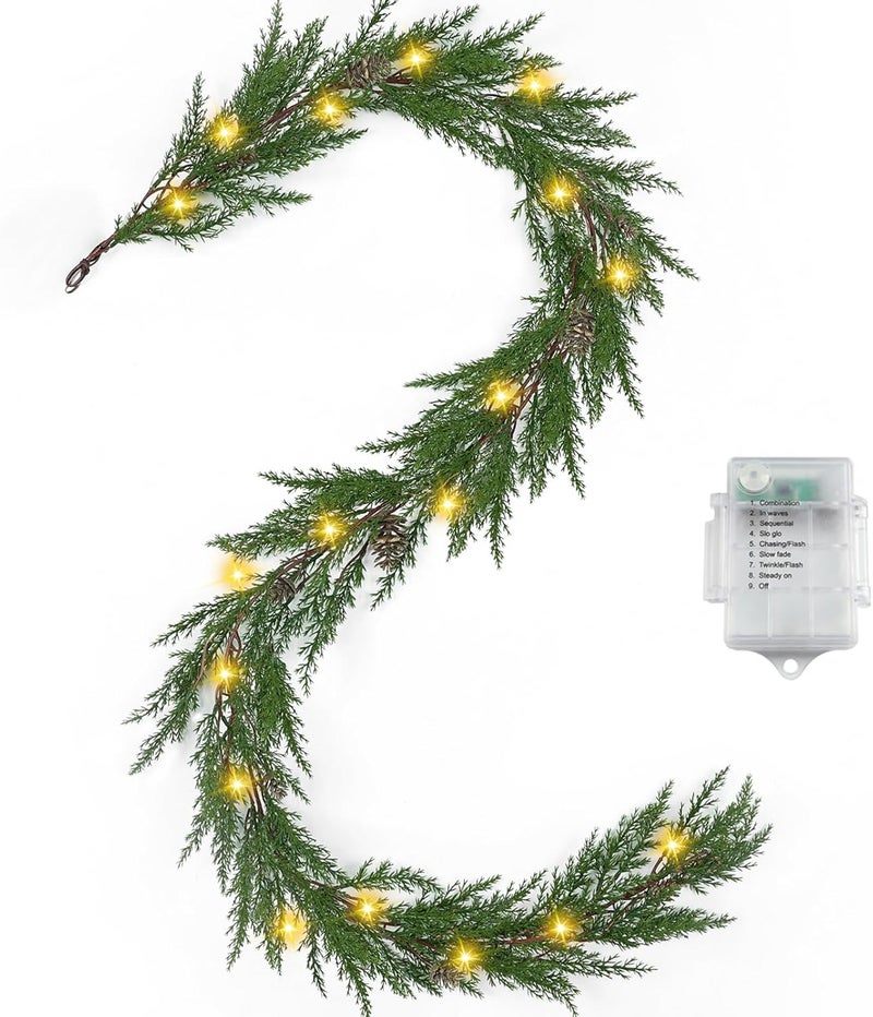 Artgar Christmas Cedar Garland, 6 Ft Realistic Pine Garland, Prelit Christmas Garland with 30 Warm Lights with 8 Light Modes for Mantels Stair Table Indoor Outdoor Winter Xmas Decor (Green) - Image 1