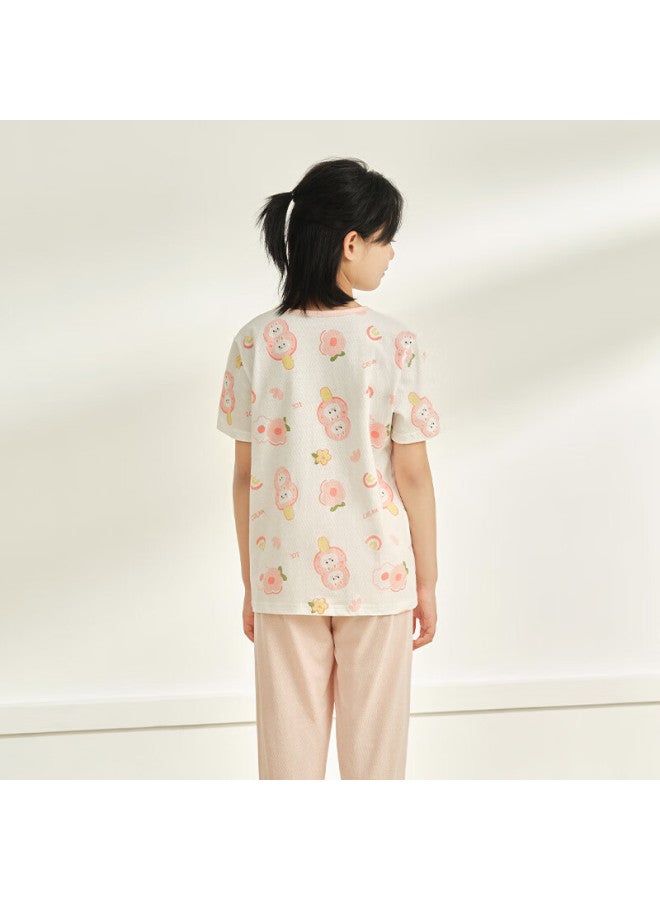 Red Bean Children's Cotton Home Wear Short Sleeve Set Boys And Girls Summer Thin Air Conditioning Clothes J3336 Lilac 140 - Image 2