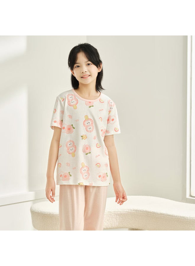 Red Bean Children's Cotton Home Wear Short Sleeve Set Boys And Girls Summer Thin Air Conditioning Clothes J3336 Lilac 140 - Image 3