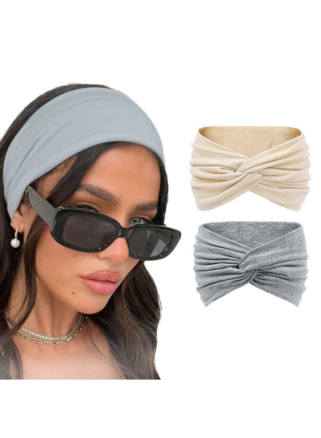 قطعتين من عصابات الرأس القطنية المحبوكة للنساء، بتصميم توربان بعقدة أنيقة، إكسسوارات شعر عصرية (رمادي وبيج) - Image 1