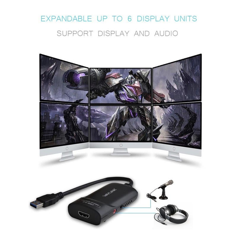 WAVLINK محول WAVLINK USB 3.0 إلى HDMI لشاشات متعددة، 2K (2048x1152)، حتى 6 شاشات، معتمد من DisplayLink، محول بطاقة الرسوميات الخارجية مع منفذ صوت لنظام Windows وMac OS وChrome OS - Image 2