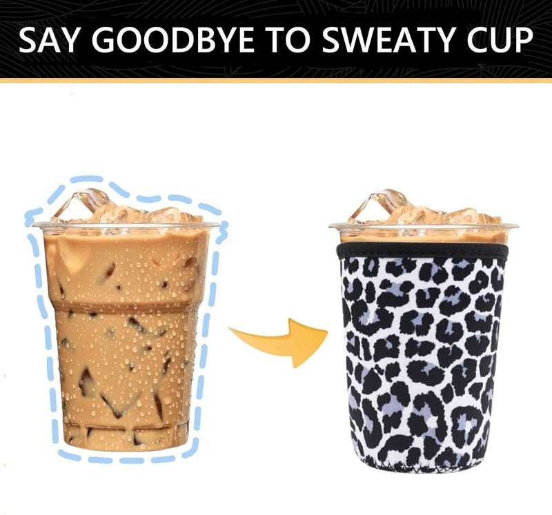 واي آر Reusable Neoprene Insulator Sleeve for Iced Coffee Cups, 3 Pack Coffee Coolies sleeves for Iced  Hot Drinks, Cold Beverage Cooler Compatible with Starbucks Coffee and More (Snow Leopard) - Image 3