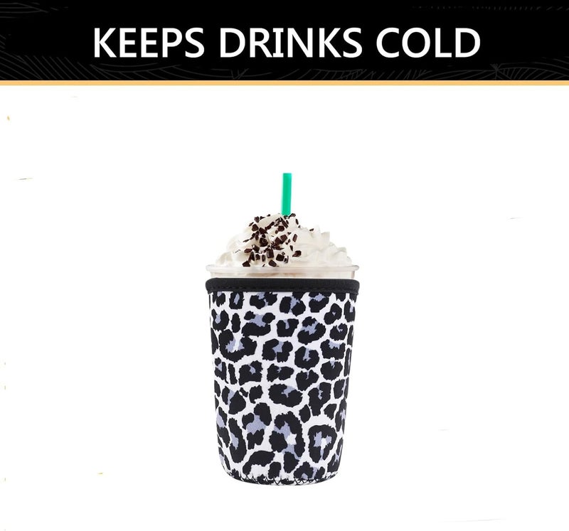 واي آر Reusable Neoprene Insulator Sleeve for Iced Coffee Cups, 3 Pack Coffee Coolies sleeves for Iced  Hot Drinks, Cold Beverage Cooler Compatible with Starbucks Coffee and More (Snow Leopard) - Image 4