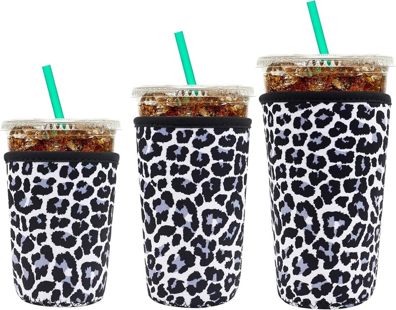 واي آر Reusable Neoprene Insulator Sleeve for Iced Coffee Cups, 3 Pack Coffee Coolies sleeves for Iced  Hot Drinks, Cold Beverage Cooler Compatible with Starbucks Coffee and More (Snow Leopard) - Image 1