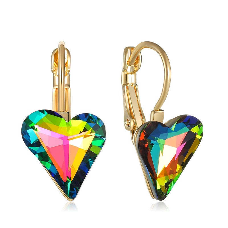 EVEVIC Trendy Austrian Crystal Heart Drop Leverback Earrings for Women 14K Rose Gold Plated Hypoallergenic Jewelry Gifts (Vitrail Medium) - Image 1